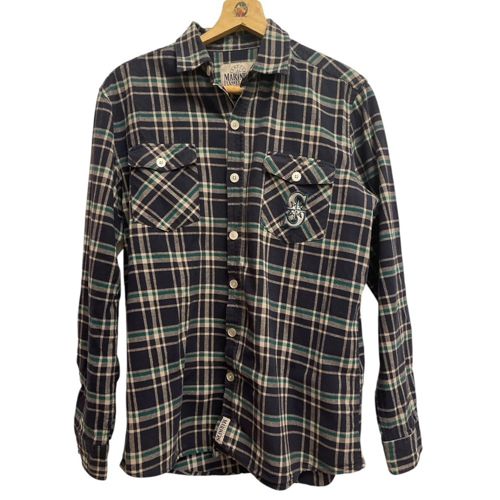 Seattle Mariners Flannel Shirt M Blue Plaid Button Up Long Sleeve 2 tab pockets